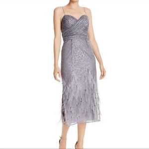 NWT Aidan Mattox silver gray sequin feathered gown - 6